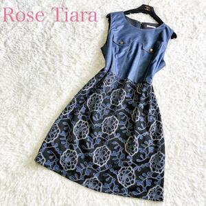 美品 Rose Tiara ローズティアラ ワンピース ひざ丈42 XL 大きいサイズ 花柄 デニム 花柄刺しゅう 金ボタン