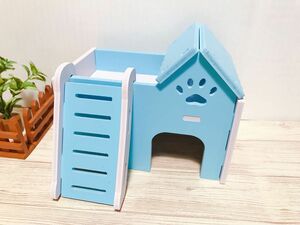 ハムスター鳥ペットラットマウス小動物ミニチュアハウスはしご家小屋2階でご飯　巣箱木箱遊具-3色(ブルー)