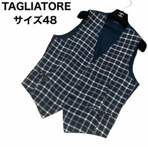 TAGLIATORE タリアトーレ　ベスト　ジレ　チェック柄 シングルブレスト　5B BRIAN/F コットン　リネン イタリア製 大きいサイズ48 ネイビー