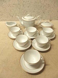 0140416w【Noritake 北陸銀行 創業 100周年 記念品 ティーセット】ノリタケ/ホワイト×ゴールドライン/銀行章入り/長期保管品