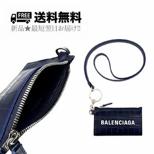 K196-NA.. BALENCIAGA バレンシアガ カードケース キャッシュ キーリングストラップ付 クロコ型押し ロゴ イタリア製 新品 ★ 4690 NAVY