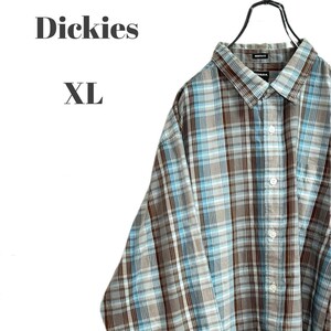 Dickies ディッキーズ 長袖シャツ タグロゴ ブラウン ブルー チェック メンズ XLサイズ