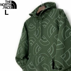 1円～!売切!【正規新品】THE NORTH FACE◆ALL OVER PRINT HOODIE パーカー US限定 裏起毛 ハーフドームロゴ 男女兼用(L)緑 総柄 181130-35