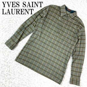 YVES SAINT LAURENT カットソー ブラウン イヴサンローラン 襟付きカットソー チェック柄 コットン100％ M B4970