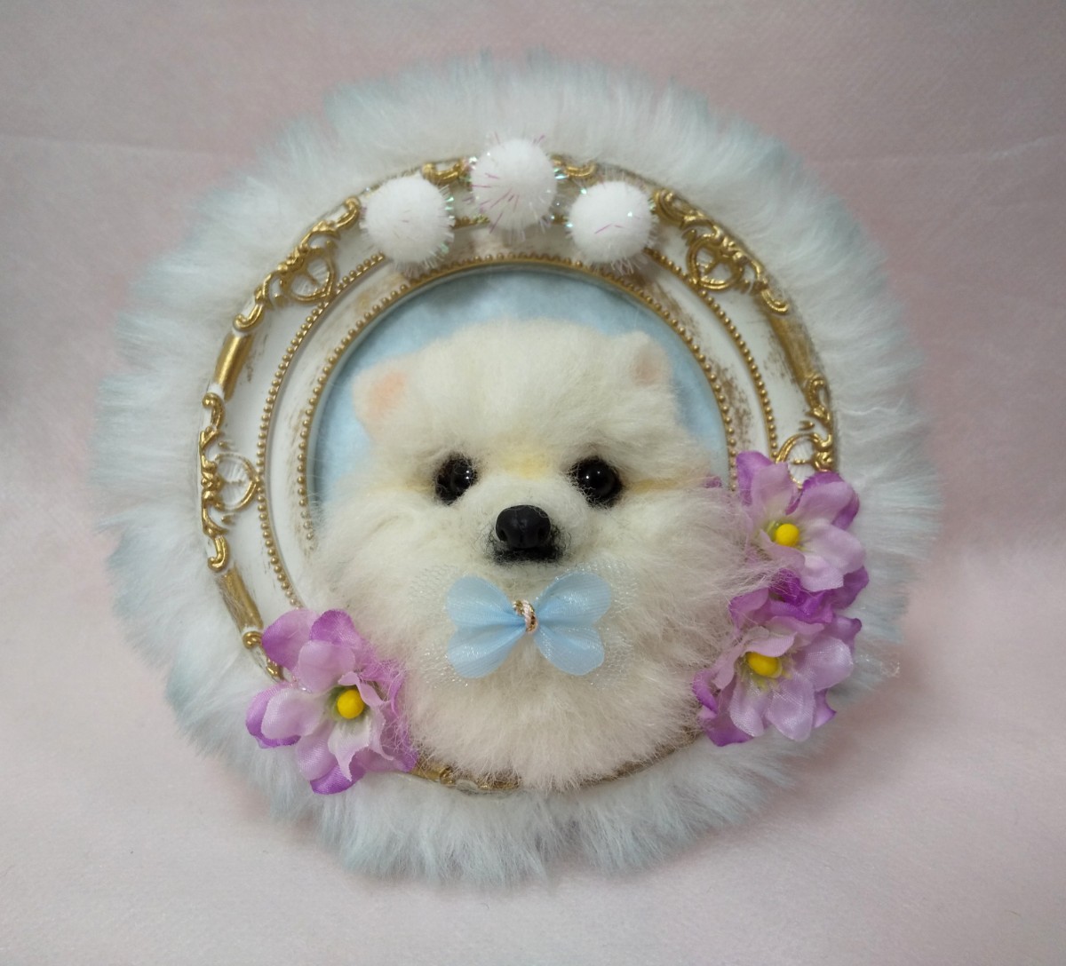 Ornement intérieur de cadre photo fait main miniature de chien de Poméranie de laine de feutre, jouet, jeu, jouet en peluche, Feutre de laine