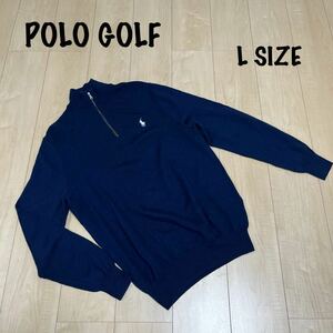 美品　POLO GOLF ラルフローレン ハーフジップ ニット セーター ウール100% ポロゴルフ　ハイネック　L 紺色　ゴルフウェア　ジップ羊革