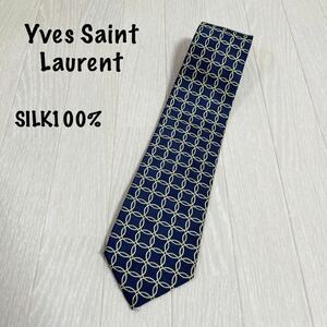 イヴサンローラン Yves Saint Laurent ネクタイ　シルク100% ネイビー ゴールド　総柄 ビジネス