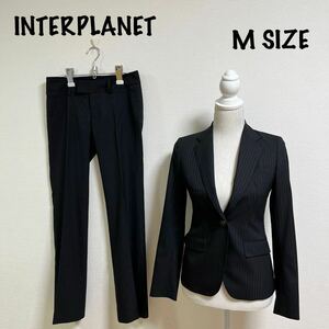 INTERPLANET インタープラネット　オリゾンティ　リクルートスーツ　パンツスーツ ブラック　ストライプ M ウール混　シルク混　面接就活