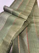 全通 帯 緑系 織物 袋帯 縦縞 自然素材 呉服 上布_画像9