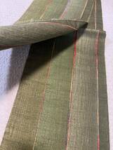全通 帯 緑系 織物 袋帯 縦縞 自然素材 呉服 上布_画像4
