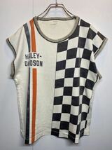 60s Champion Harley Davidson Motorcycle Racing Jersey Top チャンピオン ハーレーダビッドソン ノースリーブ シャツ 白 チェックT40_画像1