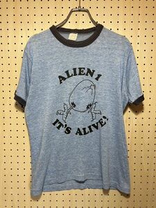 【M】80's VINTAGE print ringer Tee shirt blue 80年代 ヴィンテージ リンガー プリント Tシャツ 杢ブルー G2413