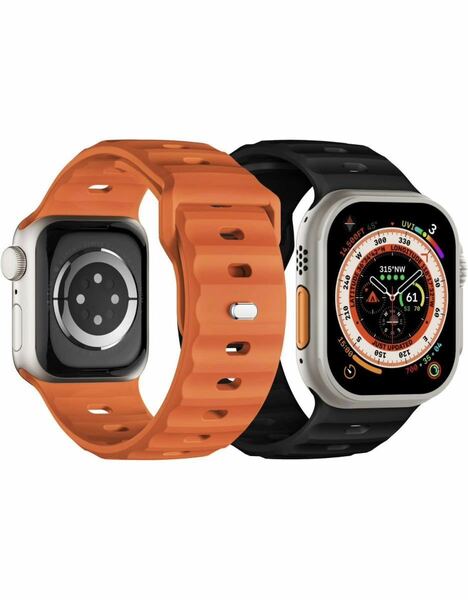 Apple Watchバンド49mm 45mm 44mm42mm アップルウォッチバンド スポーツバンド Apple watch シリコンベルト 通気防汗 2本黒オレンジ