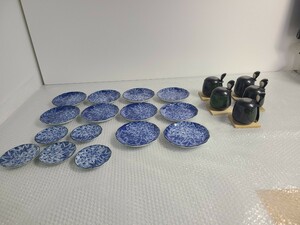 まとめて　浜九郎　皿　小皿　和食器　緑　グリーン×ブラック　茶碗蒸し　計20点セット　箱なし