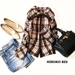 美品 HIROKO BIS ヒロコビス ニット切り替え デザインシャツ 9号 M 春 秋 合服 24C02