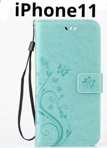 グリーン　iPhone11手帳型ケース　アイフォン イレブン　スタンド おしゃれ 蝶 花 かわいい 緑 スマホケース