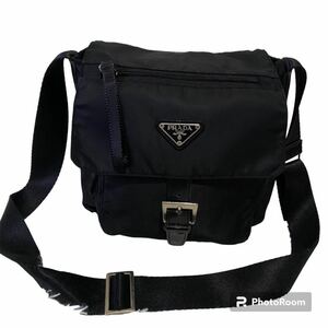 美品　1円〜　PRADA プラダ ショルダーバッグ 三角ロゴ 斜め掛け ブラック テスート ナイロン レザー 黒 メッセンジャーバッグ　男女兼用