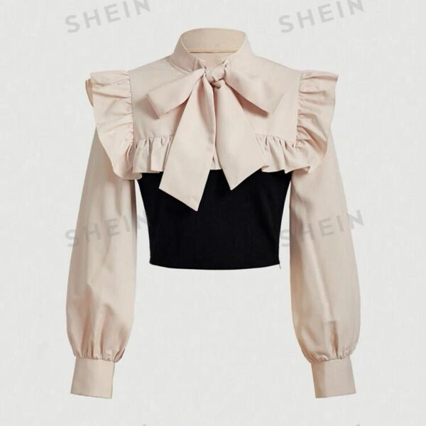 shein SHEIN MOD ツートーン フリルトリム タイネック ブラウス　L