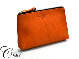 CALF カーフ 本革 レザーポーチ Lサイズ オレンジ orange 日本製 大きめ 旅行 トラベル 鞄 整理 Leather 橙 送料無料
