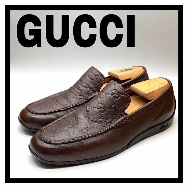 GUCCI (グッチ) ロゴ型押し ドライビングシューズ スリッポン レザー ダークブラウン 茶色 UK6.5 25.5cm 革靴 ビジネス イタリア製 メンズ