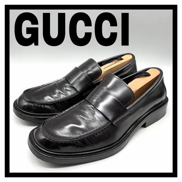 GUCCI (グッチ) ロゴ刻印入り ドレスシューズ ローファー スリッポン レザー ブラウン 40 25cm 革靴 シューズ ビジネス イタリア製 メンズ