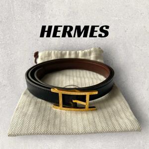 【良品】HERMES ベルト ブラック×ブラウン　アピ　細め