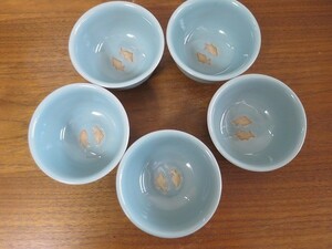 美品たち吉 青磁双魚 ■お茶呑茶碗 5客揃 湯飲み 湯呑 魚