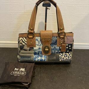 COACH デニム　パッチワーク　トートバッグ レザー コーチ シグネチャー ハンドバッグ ターンロック