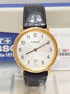 超美品 スイス製 高級 TISSOT ティソ メンズ クォーツ 腕時計 ドレスウォッチ カレンダー サンレイ 白文字盤 ゴールド SWISS MADE 新品電池