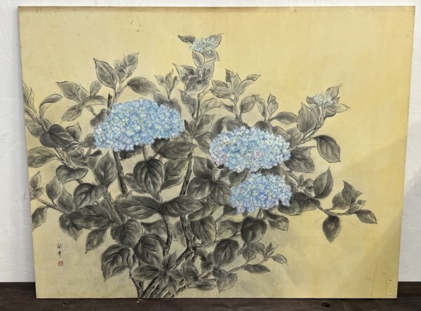 Genuine! Masterpiece! F50 size Keika Yamamoto Hydrangea autographed landscape painting Hydrangea Japanese painting Painting Dimensions: 910mm vertical x 1170mm horizontal, Painting, Japanese painting, Flowers and Birds, Wildlife