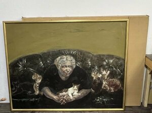 真作！ 田伏勉　独立美術協会会員『室内　(ねこ達）』F80号 油彩 画寸約145.5×112.5cm 絵画 ネコ 猫