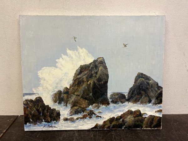 ¡Trabajo genuino! K. Nakae Kazunobu Nakae Rough Sea Rocks tamaño F15, autografiado, pintura al óleo, pintura de paisaje a gran escala, tamaño 655 mm x 530 mm, Cuadro, Pintura al óleo, Naturaleza, Pintura de paisaje