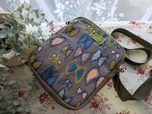 ハンドメイド　バッグ☆ショルダー☆ミナペルホネン☆スカイフラワー&タンバリン☆ブラウン&若草色１１号帆布