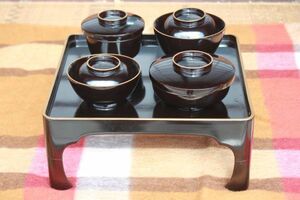 [ old house delivery ]* old tool lacquer ware [ gold paint . wheel black lacquer old . serving tray +4 kind . bowl set ]*( inspection :.. soup / old ../ old ../ Taisho Showa era period / lacquer / that time thing )0208F