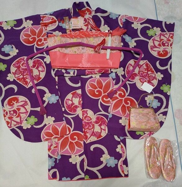 アンティーク風七五三7歳フルセット撫松庵ブランド紫パープル橘柄着物ピンク作り帯セット濃いピンク