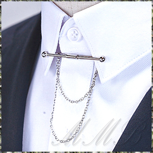 [Shirt Collar Clip] Silver Bar & Chain スタイリッシュ ダブルチェーン Yシャツ カラー クリップ 襟留め えり押さえ 6cm シルバーピン
