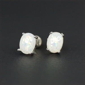 [EARRING] Oval White Opal ホワイト ファイア プレシャス オパール 7.7mm オーバル ストーン スタッド ピアス 【送料無料】