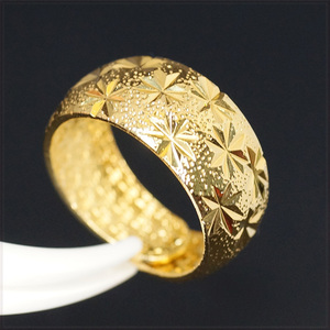 [RING] 24K Gold Plated シャイニング スター カット 内側 福文字 幸運 ラッキー 風水 11mm ワイド フリーサイズ ゴールド 巻指輪 リング