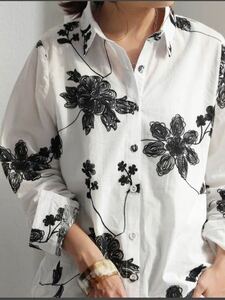 アンティカ 刺繍シャツ ブラウス フリーサイズ antiqua 白シャツ