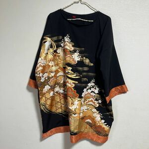 109送料込◆ハンドメイド　絹　チュニック◆ 黒留袖　ドロップショルダー　オレンジ系　鳥　花　ボタニカル