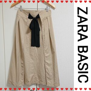 ZARA BASIC ラップ ロング ミモレ スカート リボンつき フレア ベージュ ザラベーシック ザラ