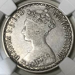 ★1853 イギリス　ゴシック・フローリン銀貨　ビクトリア女王　NGC FINE DETAILS CLEANED 