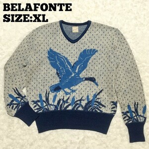 BELAFONTE◆RAGTIME WILD DUCK SWEATER XL/メンズ ベラフォンテ 長袖ニット セーター Vネック 総柄 日本製 ビンテージ ウール100% 鴨柄