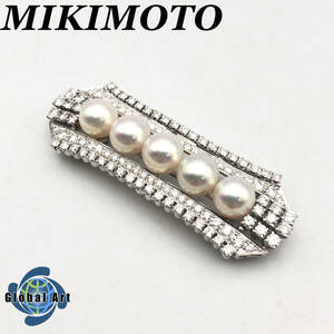 ★E02011【美品】MIKIMOTO ミキモト/帯留め/本真珠/WG K14/ダイヤ 3.13ct/パール直径 約7㎜/総重量 約14.6g