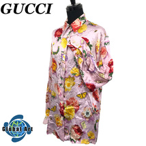 ●1D438/GUCCI グッチ/長袖シャツ/ブラウス/サイズ40/シルク100%/フローラル総柄/花柄/ロゴ/ピンク/紫/パープル/レディース_画像1