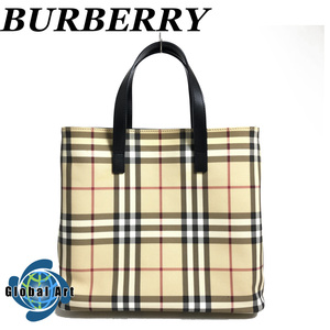 ●2D350/BURBERRY LONDON バーバリーロンドン/トートバッグ/ハンドバッグ/ノバチェック/PVC/レザー/シルバー金具/ベージュ/黒