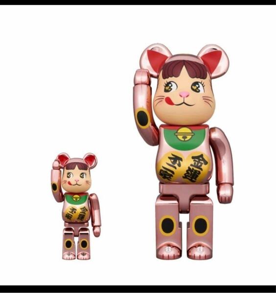 新品 未開封 BE@RBRICK 招き猫ペコちゃん 金運ダブル小判 桃金メッキ100%&400%