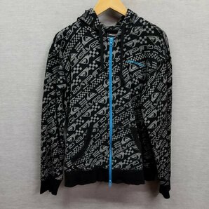 B598 QUIKSILVER クイックシルバー ジップアップ パーカー M ブラック系 フーディー ロゴ マーク 総柄 羽織 リブ サーフ カルチャーの画像1