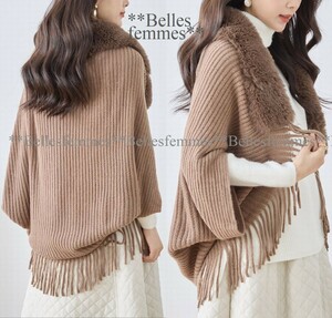 ★Belles*★送料185円★新品★大人可愛く華やか*フェイクファー*モモンガ*ニットカーディガン*お洒落に体型カバー490モカ*M～L*TRUBE