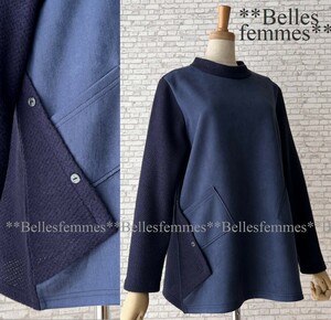 ★Belles*★送料185円★新品M～L*軽くてラクな着心地*フェイクスウェード切替*ヒップが隠れる着丈♪デイリーニットチュニック*40508navy